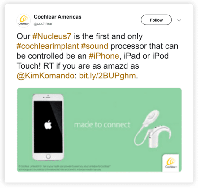 Cochlear Americas Social Media post announcing Nucleus7 control with iOS devices