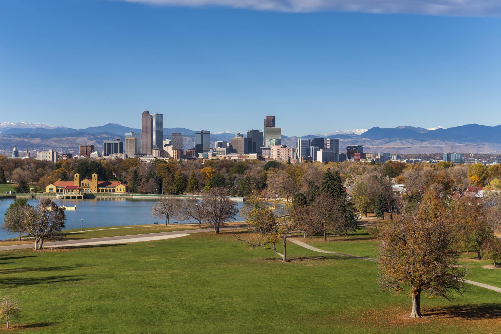 Scene of Denver skyline with park in the foreground