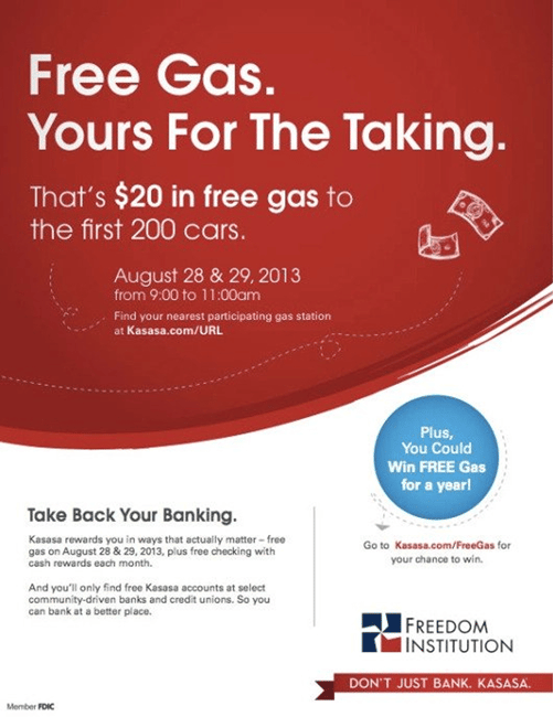 Flyer from 2013 displaying a promotion for free gas