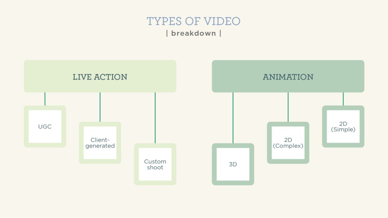 Different types of video listed as either live action or animated