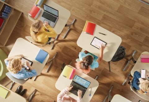 Top View Shot in Elementary School Computer Science Classroom: